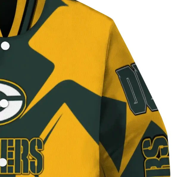 customized green bay packers spider mark green yellow crocs varsity jacket premium grade.webp