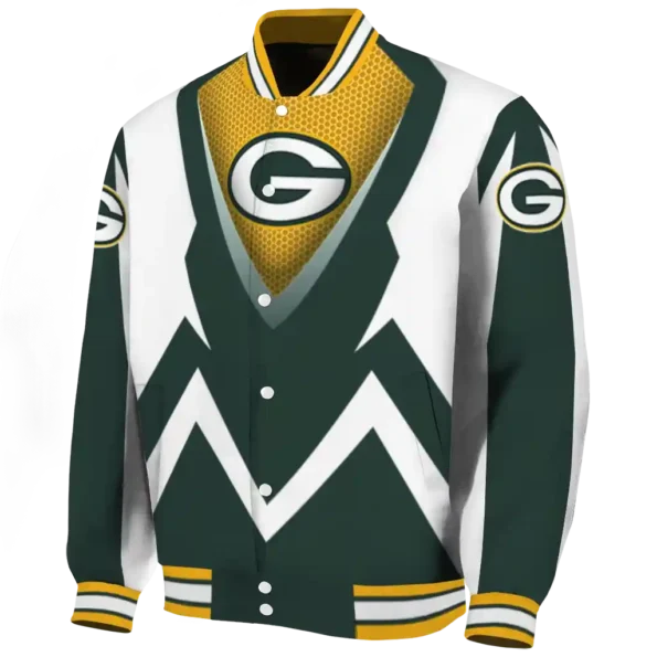customized green bay packers v stripes green white varsity jacket best selling.webp