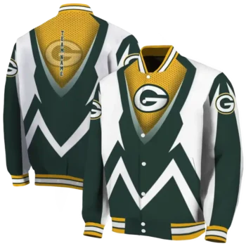 customized green bay packers v stripes green white varsity jacket fashion forward.webp