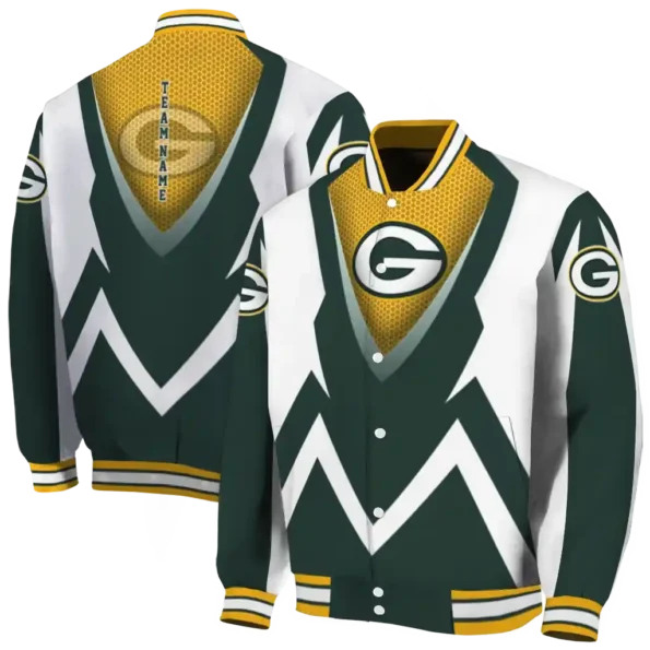 customized green bay packers v stripes green white varsity jacket fashion forward.webp