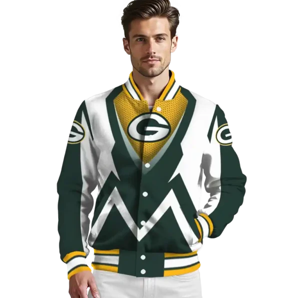 customized green bay packers v stripes green white varsity jacket high quality.webp