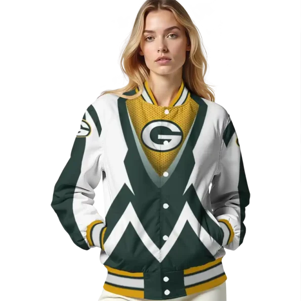 customized green bay packers v stripes green white varsity jacket latest model.webp