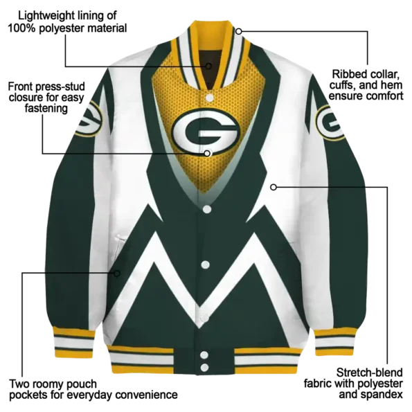 customized green bay packers v stripes green white varsity jacket new arrival.webp