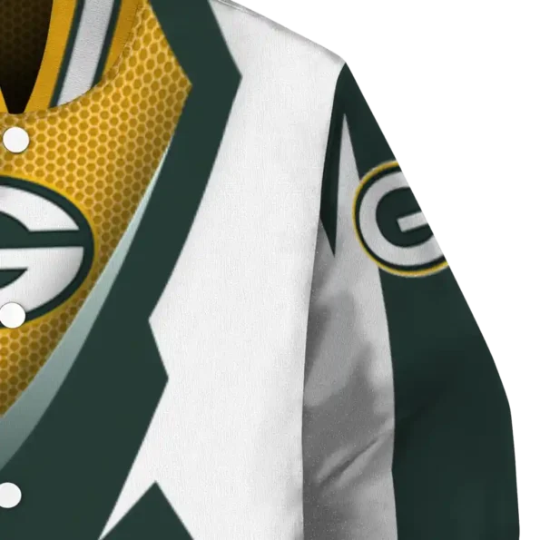customized green bay packers v stripes green white varsity jacket premium grade.webp
