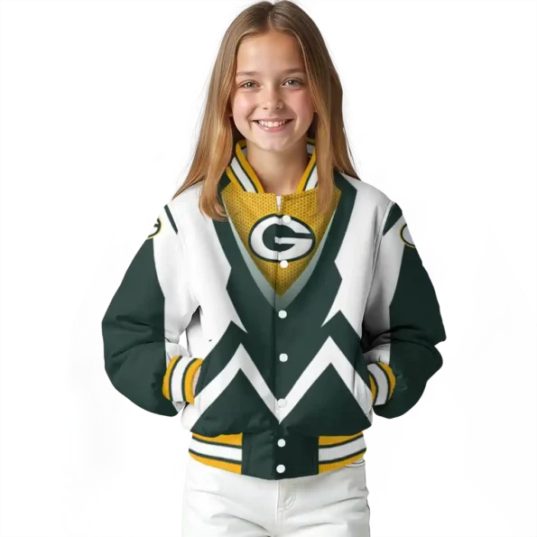 customized green bay packers v stripes green white varsity jacket top rated.webp