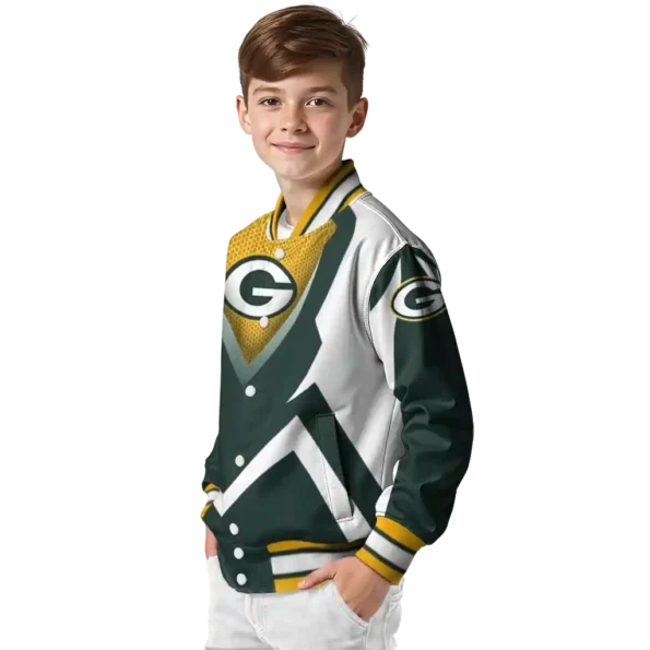 customized green bay packers v stripes green white varsity jacket trendy.webp