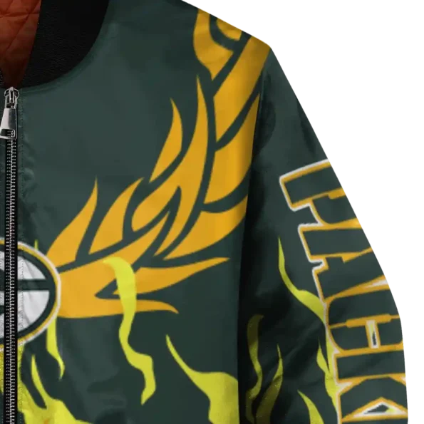 customized green bay packers winged blaze green white bomber jacket premium grade