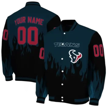 customized houston texans flame border blue black varsity jacket fashion forward.webp