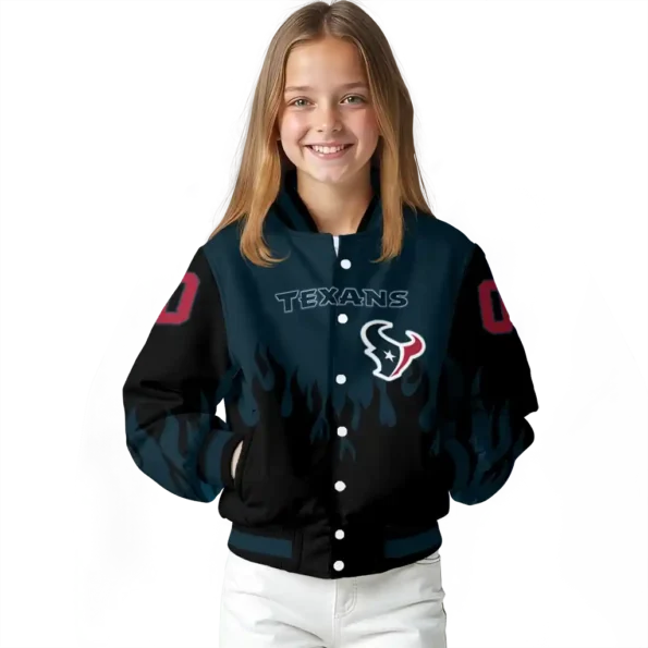 customized houston texans flame border blue black varsity jacket top rated.webp