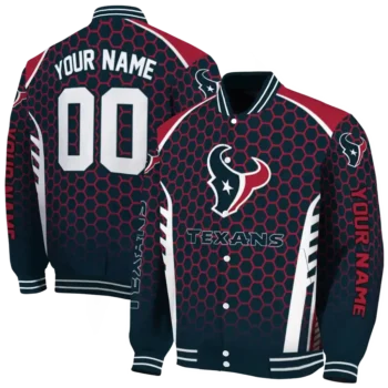customized houston texans hexagon grid blue varsity jacket fashion forward.webp