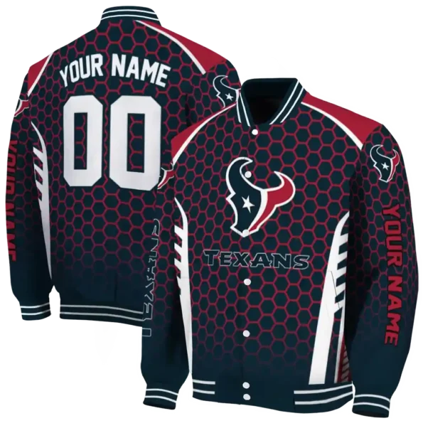 customized houston texans hexagon grid blue varsity jacket fashion forward.webp