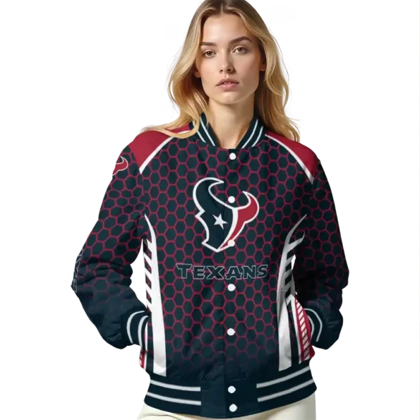 customized houston texans hexagon grid blue varsity jacket latest model.webp