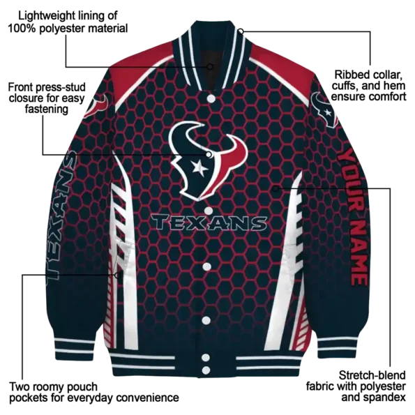 customized houston texans hexagon grid blue varsity jacket new arrival.webp