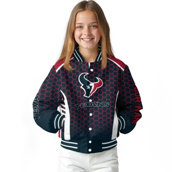 customized houston texans hexagon grid blue varsity jacket top rated.webp