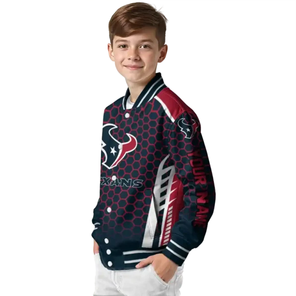 customized houston texans hexagon grid blue varsity jacket trendy.webp