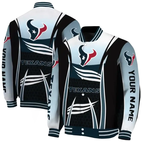 customized houston texans mesh effect blue black varsity jacket fashion forward.webp
