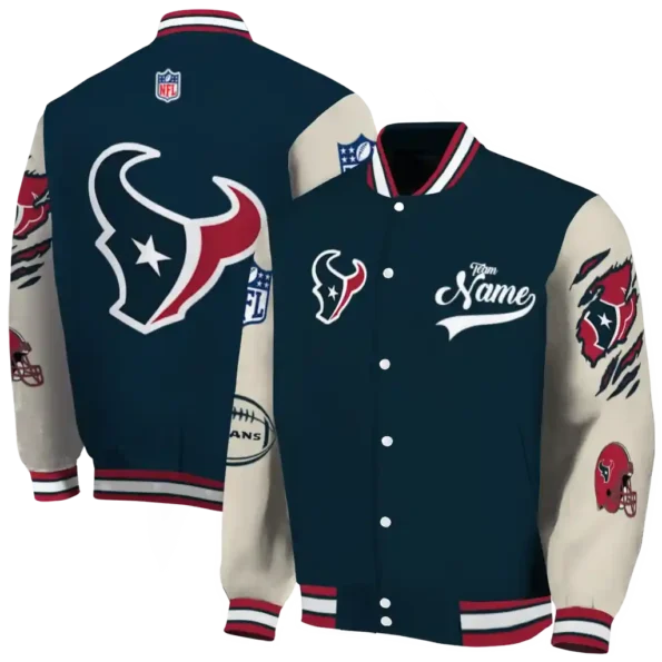 customized houston texans razorback outline blue nude varsity jacket fashion forward.webp