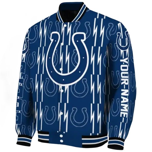customized indianapolis colts bolt stripe blue varsity jacket best selling.webp