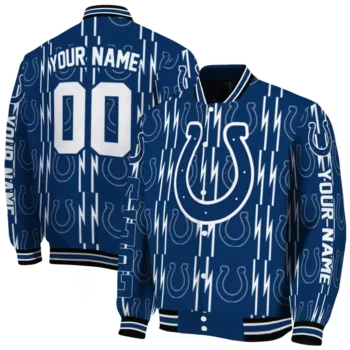 customized indianapolis colts bolt stripe blue varsity jacket fashion forward.webp