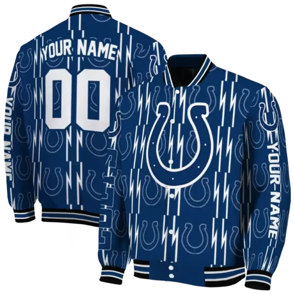 customized indianapolis colts bolt stripe blue varsity jacket fashion forward.webp