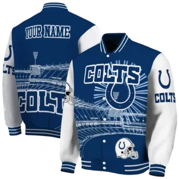 customized indianapolis colts ferris arena blue white varsity jacket fashion forward.webp