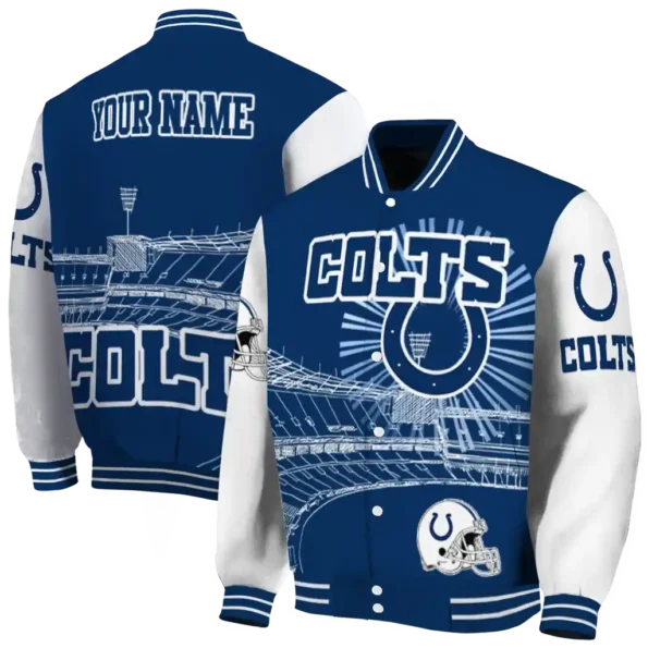 customized indianapolis colts ferris arena blue white varsity jacket fashion forward.webp