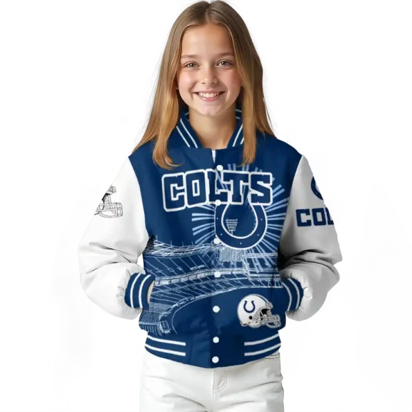 customized indianapolis colts ferris arena blue white varsity jacket top rated.webp