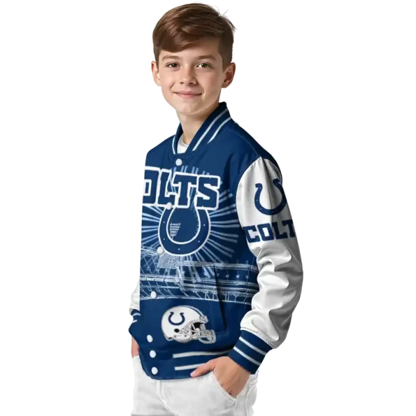 customized indianapolis colts ferris arena blue white varsity jacket trendy.webp