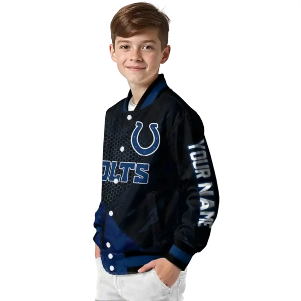 customized indianapolis colts hexagon mesh blue black varsity jacket trendy.webp