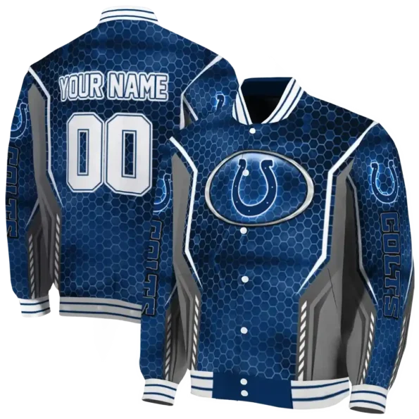 customized indianapolis colts power plate blue varsity jacket fashion forward.webp