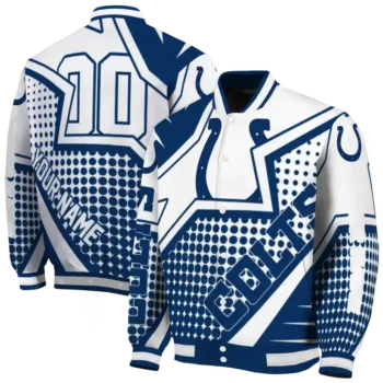customized indianapolis colts star burst blue varsity jacket fashion forward.webp