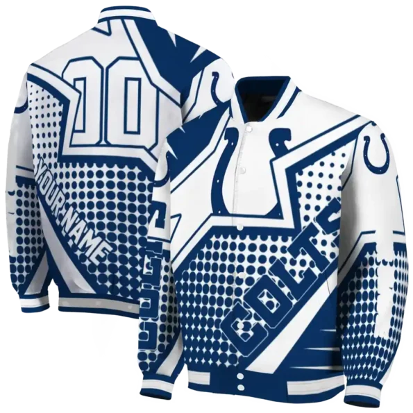customized indianapolis colts star burst blue varsity jacket fashion forward.webp