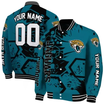 customized jacksonville jaguars hexagon cluster teal black varsity jacket fashion forward.webp