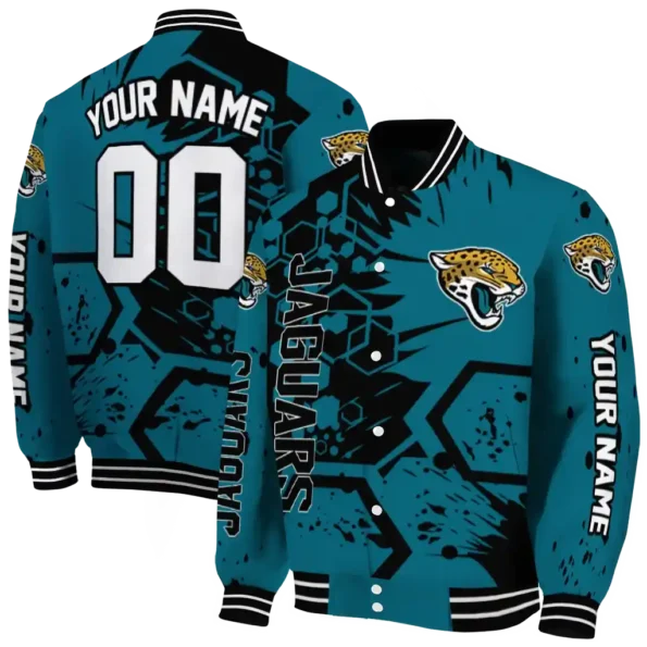 customized jacksonville jaguars hexagon cluster teal black varsity jacket fashion forward.webp