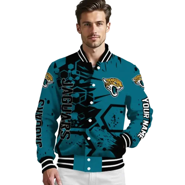 customized jacksonville jaguars hexagon cluster teal black varsity jacket high quality.webp