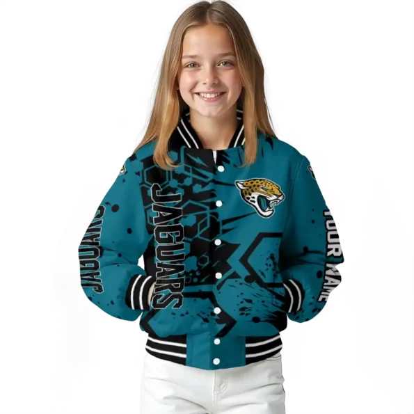 customized jacksonville jaguars hexagon cluster teal black varsity jacket top rated.webp