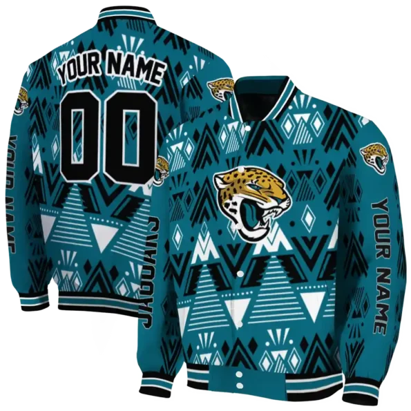 customized jacksonville jaguars pyramid shapes teal varsity jacket fashion forward.webp