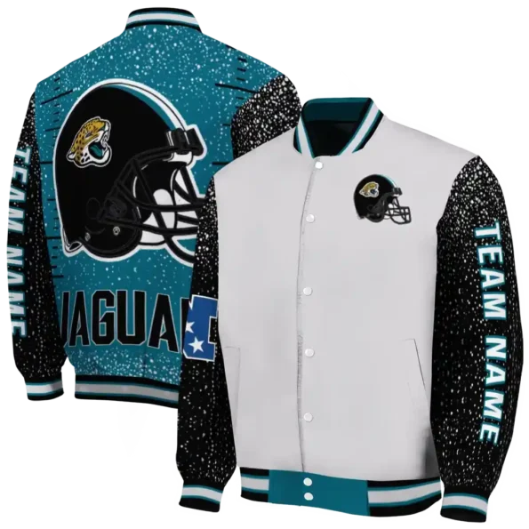 customized jacksonville jaguars speckled arms teal gray varsity jacket fashion forward.webp