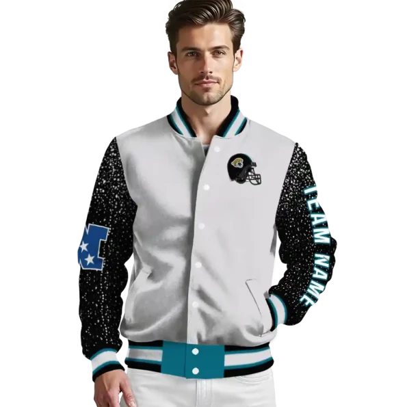 customized jacksonville jaguars speckled arms teal gray varsity jacket high quality.webp