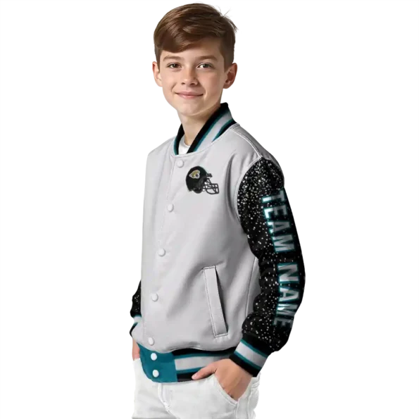 customized jacksonville jaguars speckled arms teal gray varsity jacket trendy.webp
