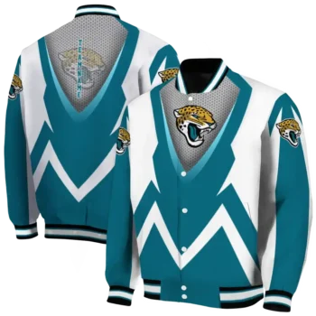 customized jacksonville jaguars v stripes teal white varsity jacket fashion forward.webp