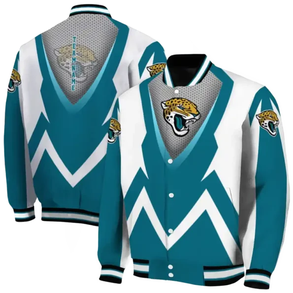 customized jacksonville jaguars v stripes teal white varsity jacket fashion forward.webp