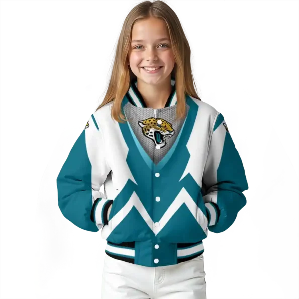 customized jacksonville jaguars v stripes teal white varsity jacket top rated.webp