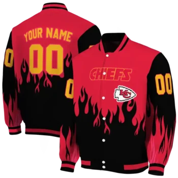 customized kansas city chiefs flame border red black varsity jacket fashion forward.webp