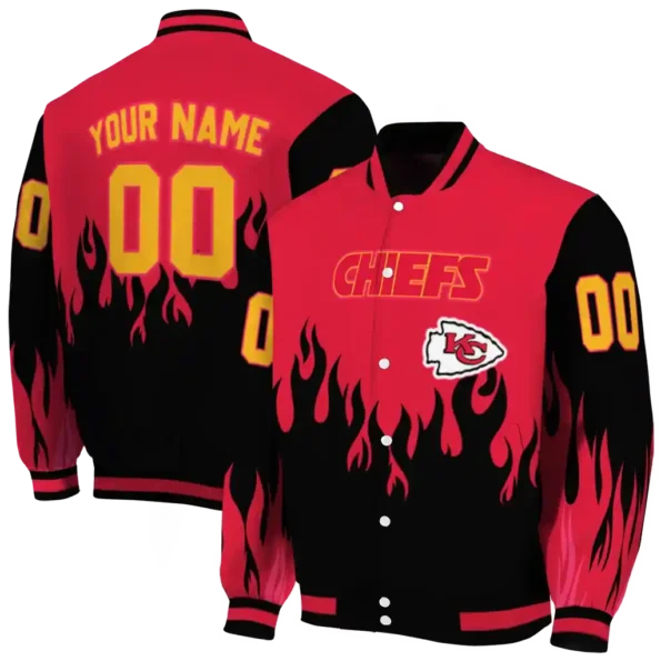 customized kansas city chiefs flame border red black varsity jacket fashion forward.webp