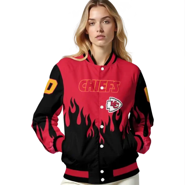customized kansas city chiefs flame border red black varsity jacket latest model.webp