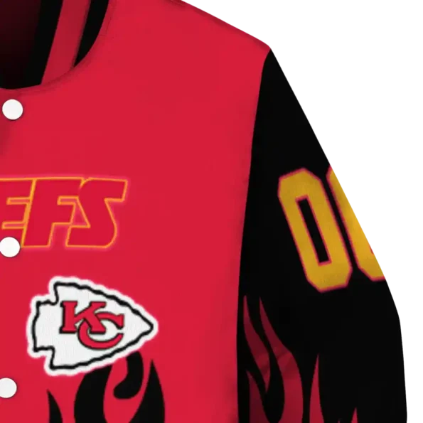 customized kansas city chiefs flame border red black varsity jacket premium grade.webp
