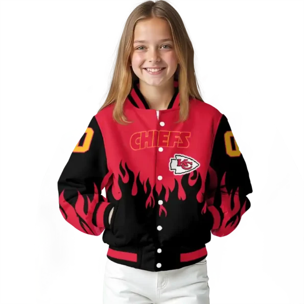customized kansas city chiefs flame border red black varsity jacket top rated.webp