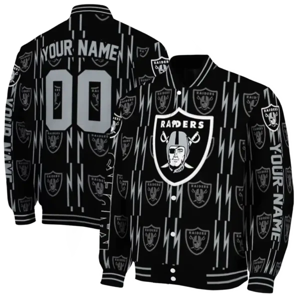 customized las vegas raiders bolt stripe black varsity jacket fashion forward