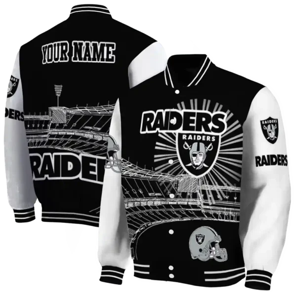 customized las vegas raiders ferris arena black white varsity jacket fashion forward